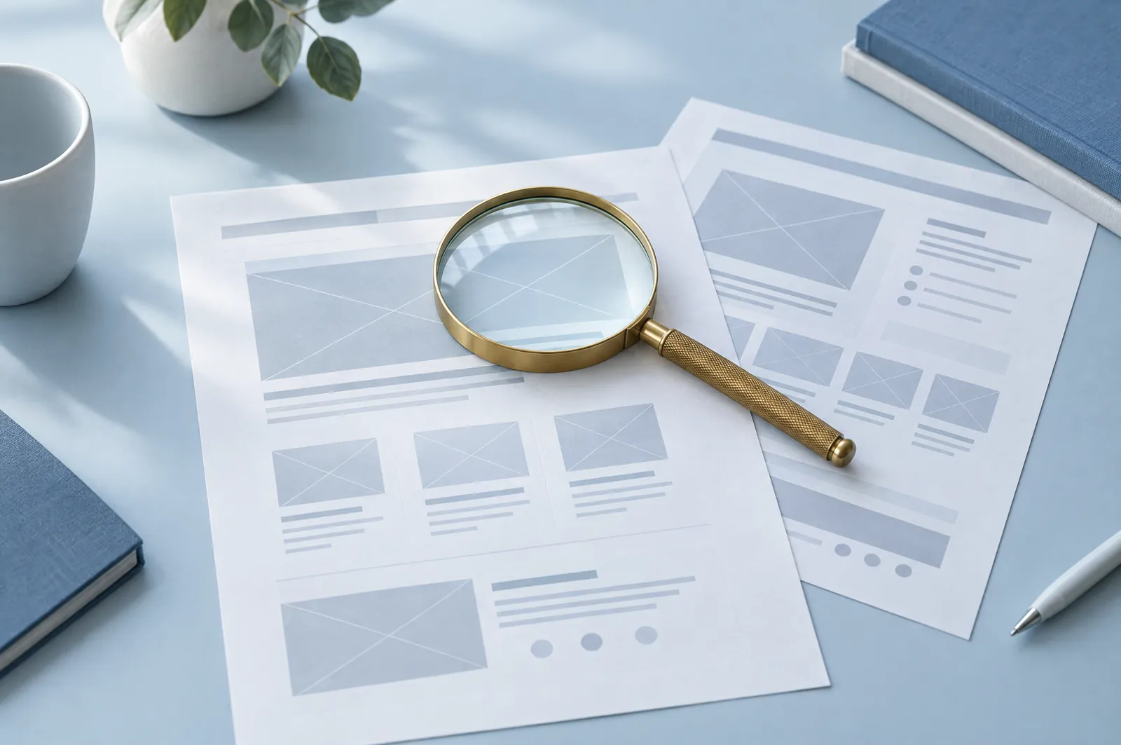 A magnifying glass resting on printed website wireframes on a pale blue desk