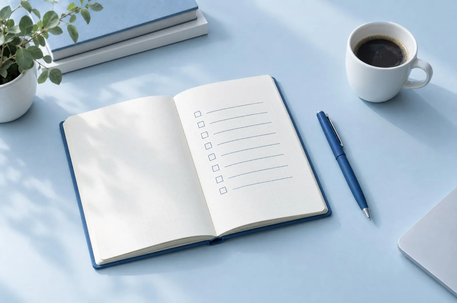 An open notebook with an empty checklist and a blue pen on a pale blue desk