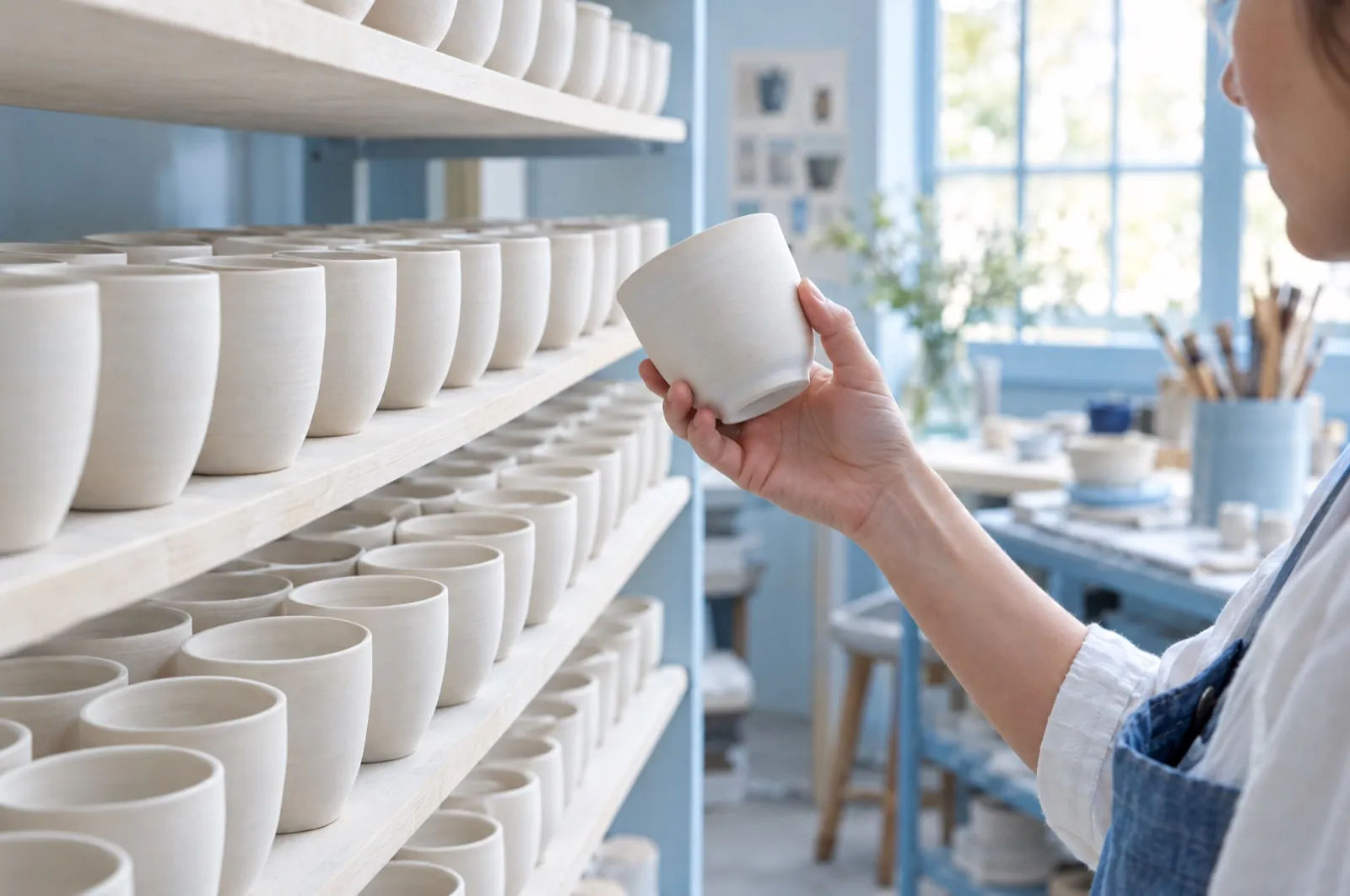 A potter inspecting one cup from shelves of identical white cups