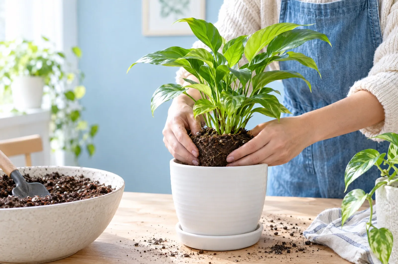 Hands repotting a green plant into a fresh white pot