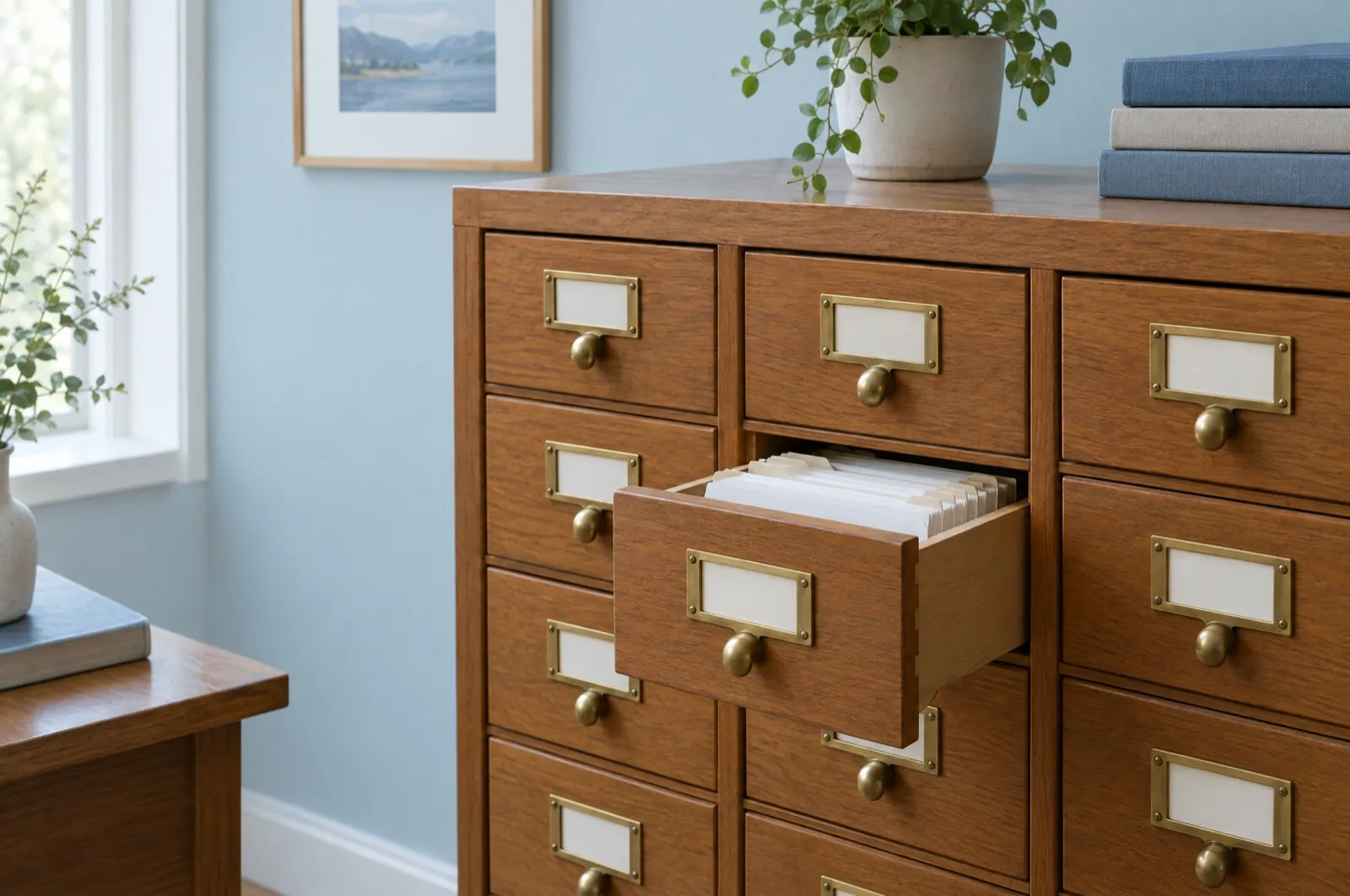 A wooden card catalogue with one drawer of index cards pulled open
