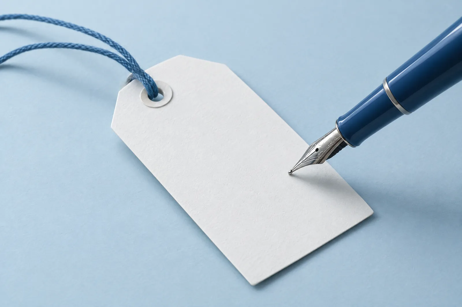 A blank paper tag on a blue string, with a fountain pen about to write on it