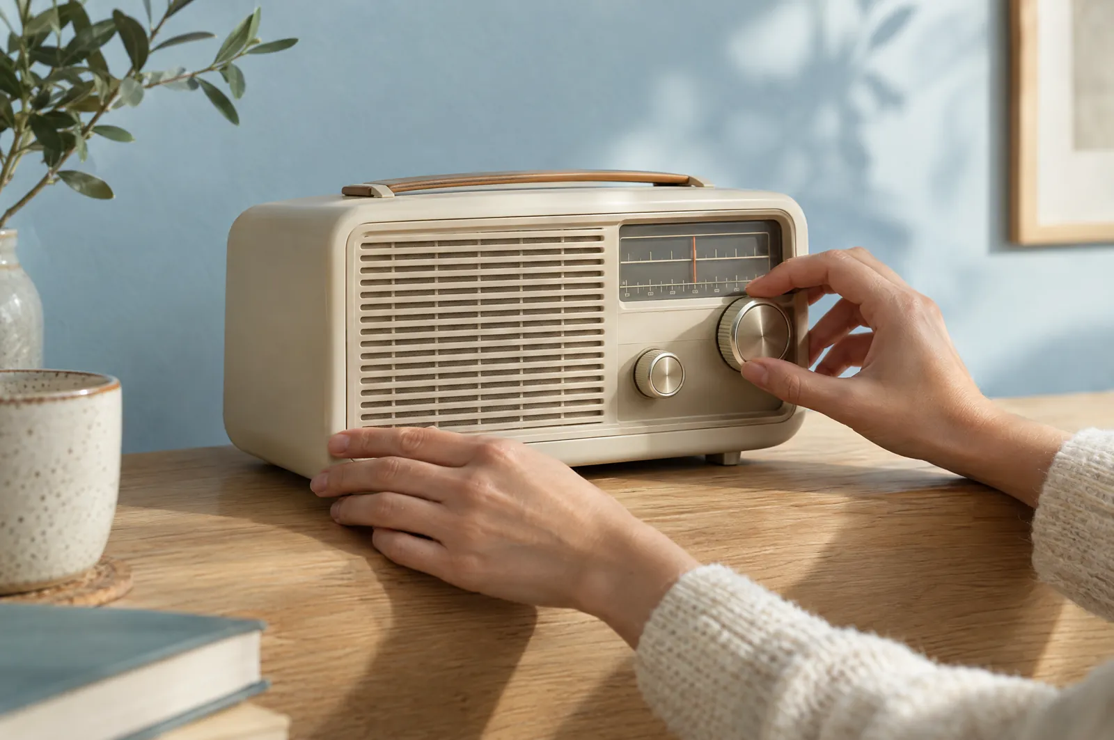 Hands tuning the dial of a vintage radio on a wooden table