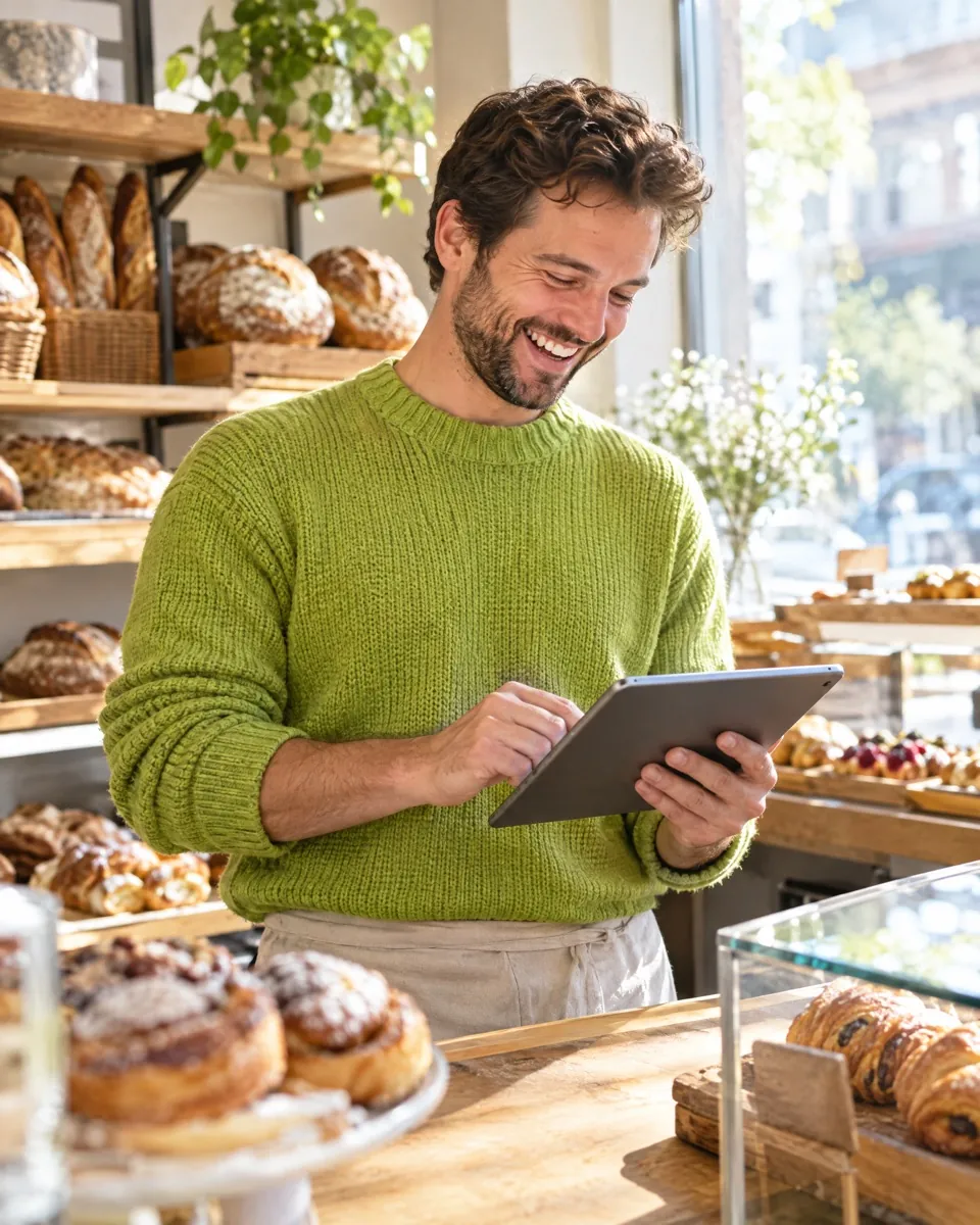 A bakery owner with a tablet behind the counter