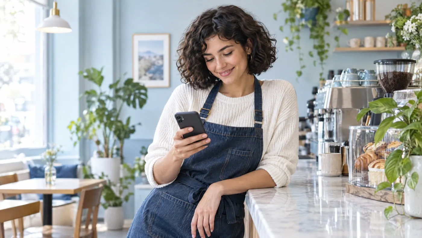 A café owner checking her phone at the counter