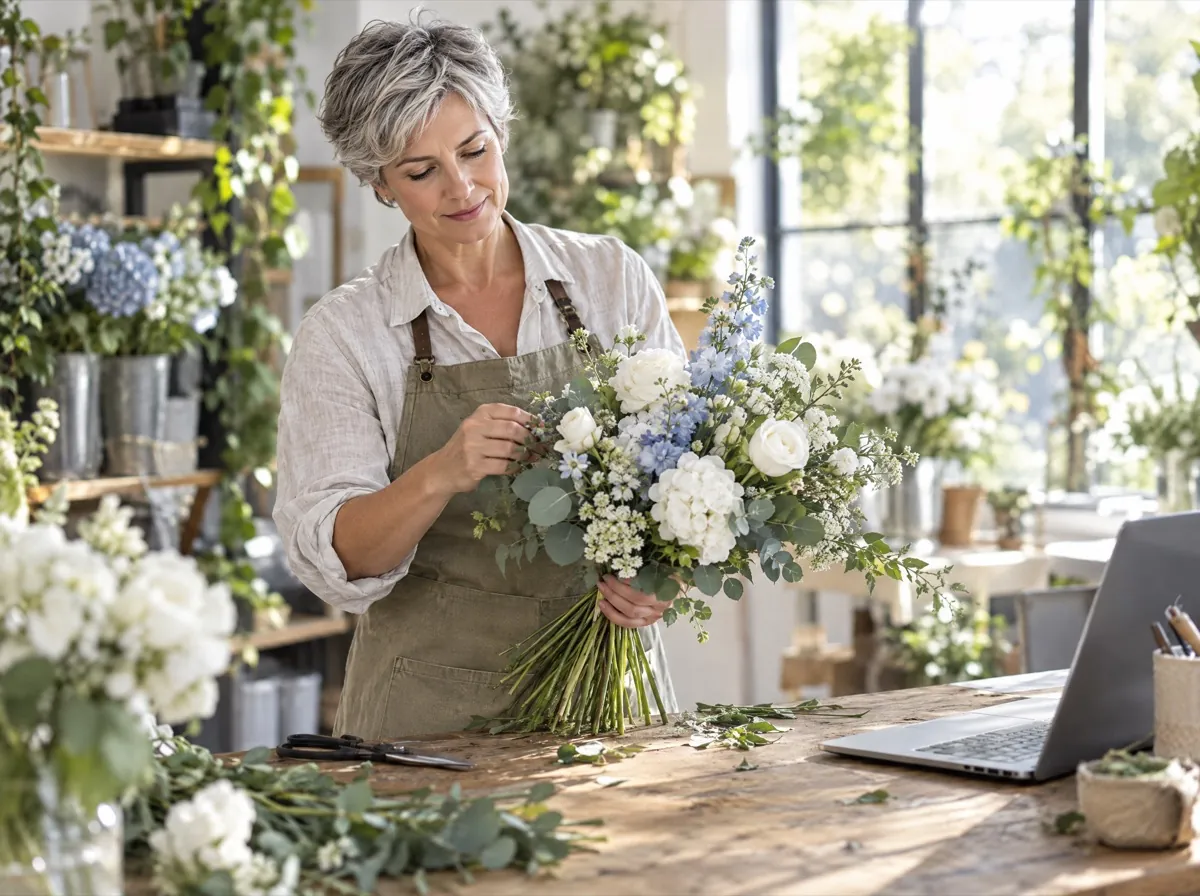 A florist arranging a bouquet next to a laptop